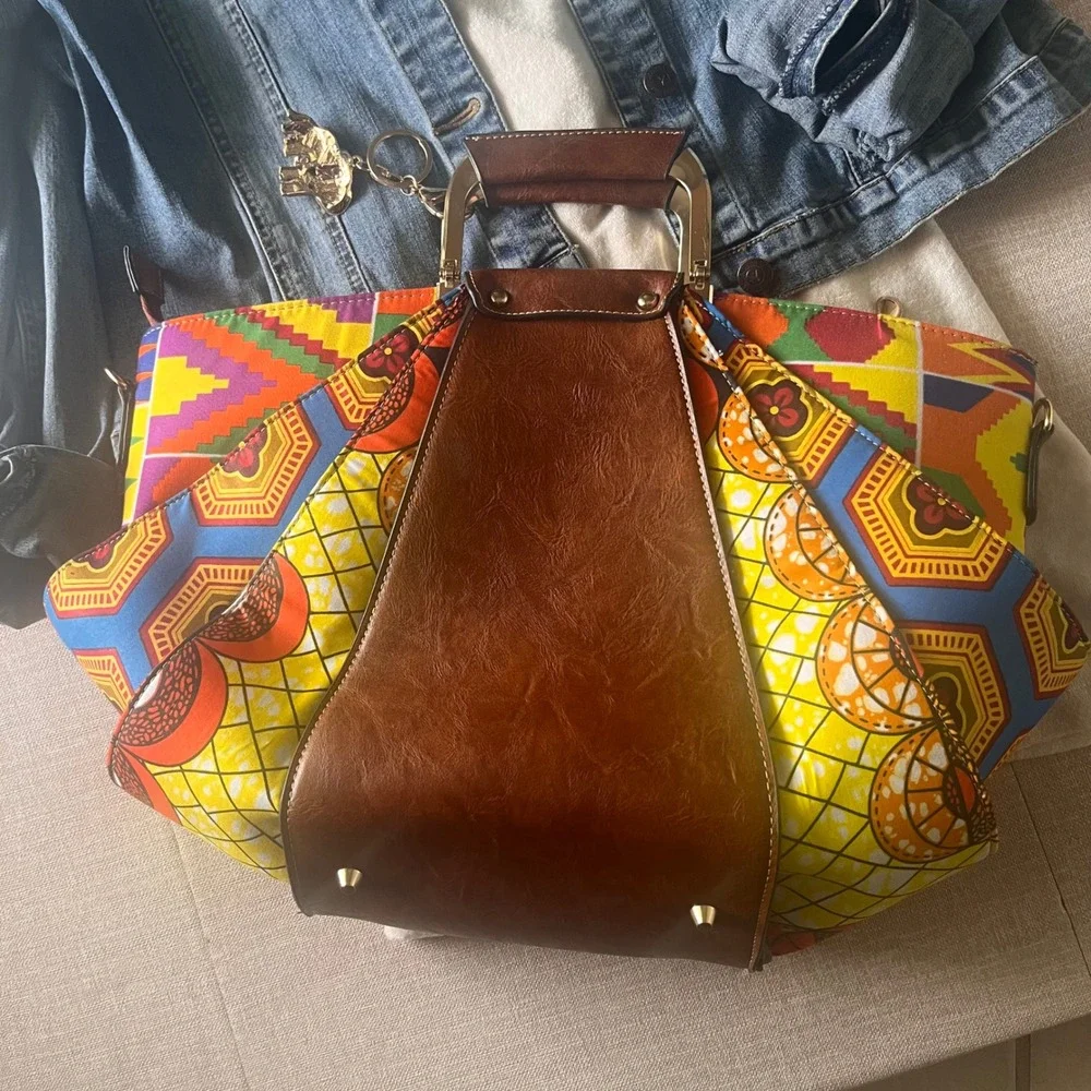 Boho Patchwork Tote Bag Colorful African Print Brown Satchel Crossbody Handbag